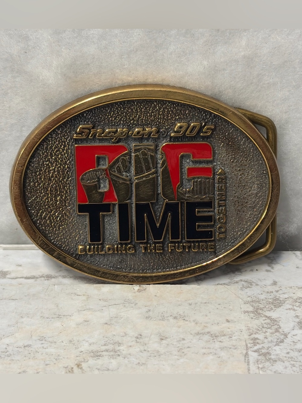 Vintage Snap On Tools Solid Brass 90s BIG TIME Belt Buckle Made In USA